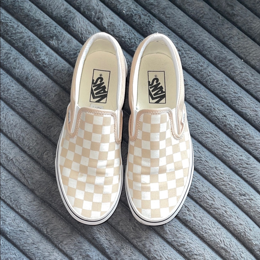 Vans Beige/Mauve and White Checkered Slip-On Sneakers